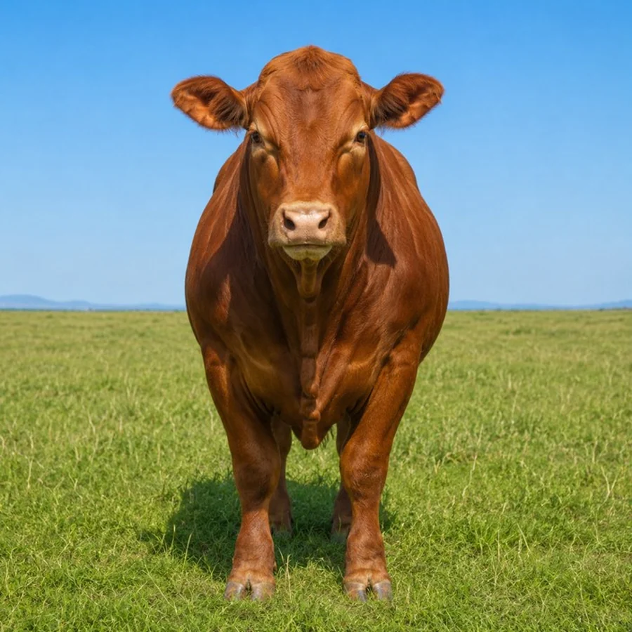 A muscular American Red cow on lush green pasture